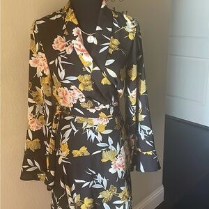 Floral Wrap Dress with Yellow and Red Accents